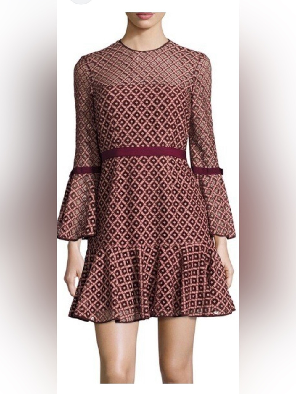 Cinq a Sept Cosette Mulberry Maroon Lace Bell Sleeve Dress 0